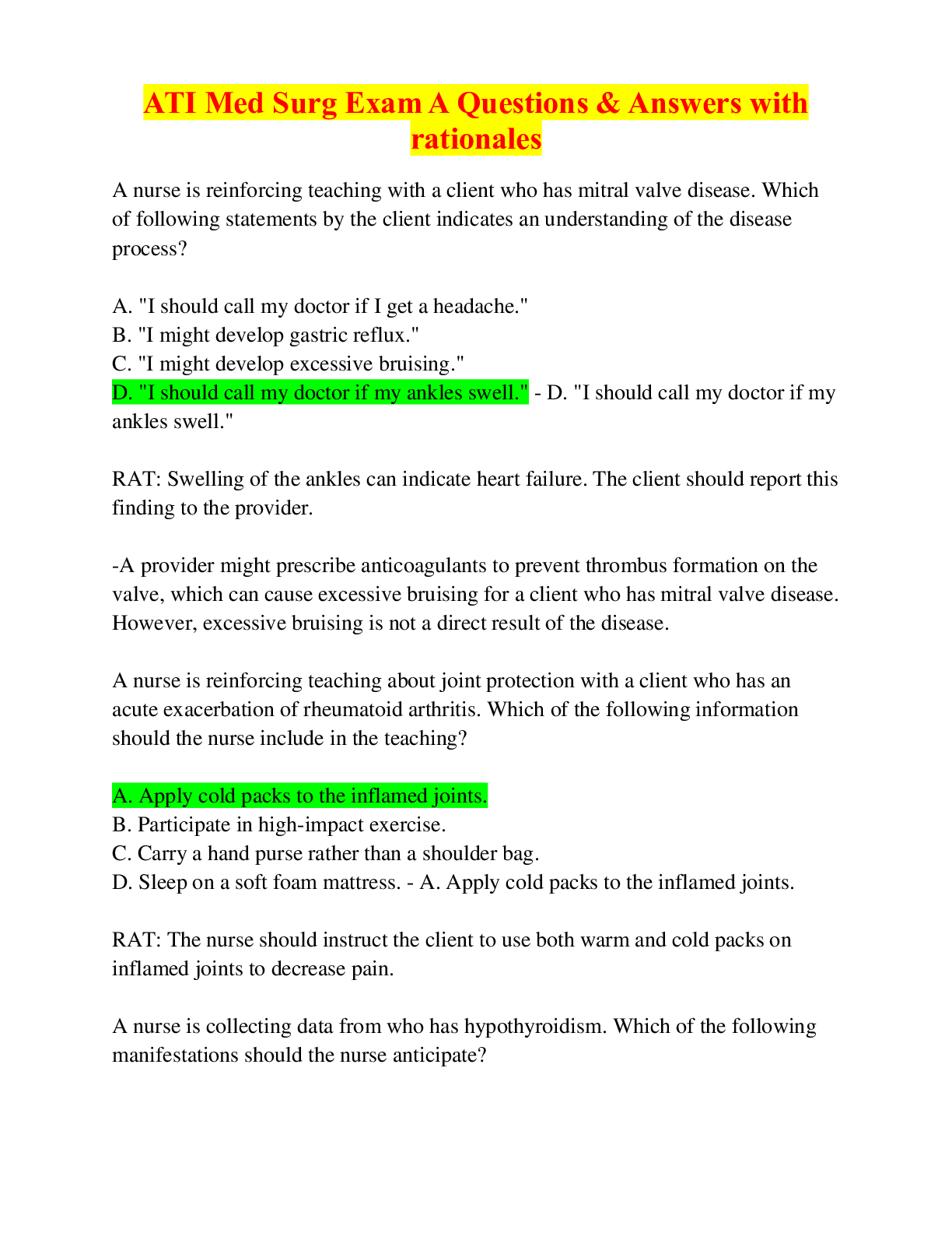 Preview image for ATI Med Surg Exam A Questions & Answers with rationales